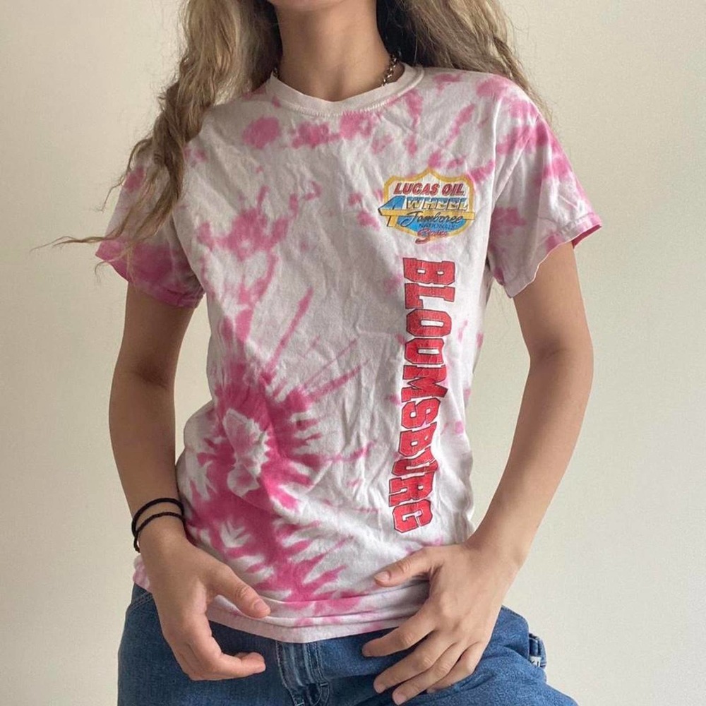 Pink tie dye racecar tee